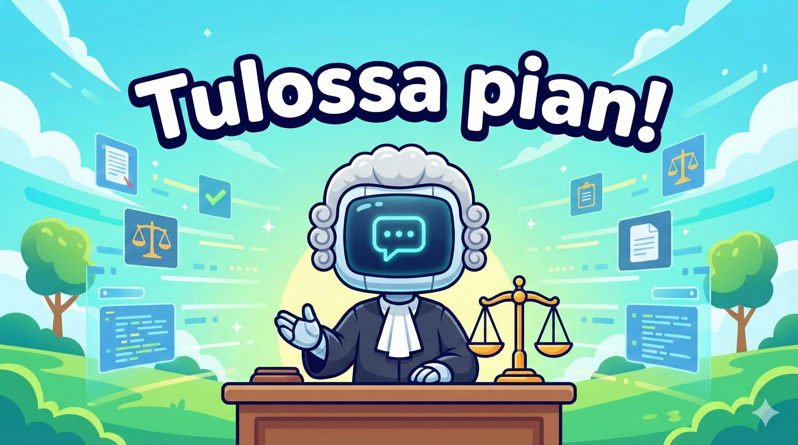 Sarjakuvatyylinen tekoälyjuristi-robotti pöydän ääressä, yläpuolella teksti 'Tulossa pian!'